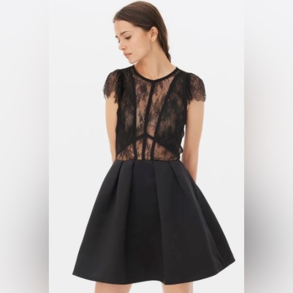 New! Sandro Davin Elegant Mini Black Satin Lace Dress Holiday Party T2/Medium - Picture 1 of 14
